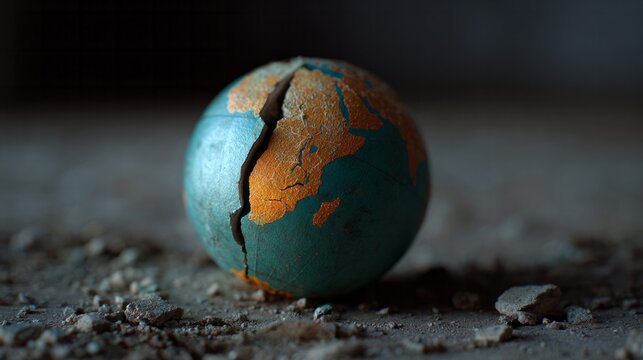 Cracked miniature earth ball amidst dusty chaos, reflecting environmental fragility, Earth Day symbolism, Gaia's whispered lamentation