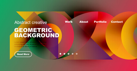 Vibrant geometric background design. Website header with text, navigation, colorful shapes, dark borders. Modern aesthetic.