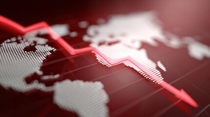 Global market tumble visualized on a digital world map, economic downturn, reminiscent of Red Nose Day awareness, tech volatility