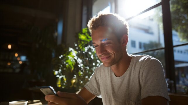 Sunbeam kisses illuminate a young Caucasian male's serene morning, capturing mindfulness and digital serenity on Solstice Day - Powered by Adobe