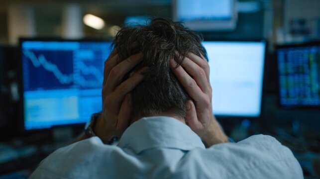 Feeling the stormy chaos, a Caucasian man's hands grip his head amid stock market turbulence, echoing Panic Day vibes