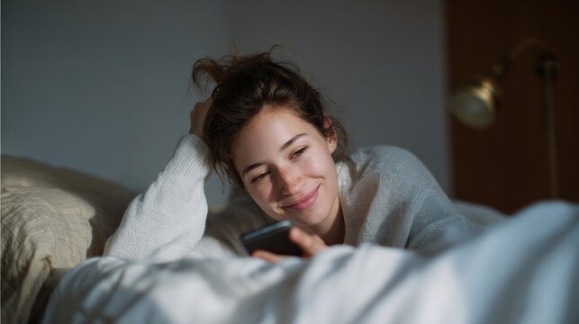 A Caucasian woman delightfully engrossed in her phone, whispers of Hygge and World Sleep Day enveloping morning serenity