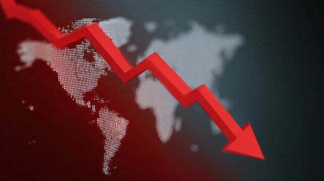 A crimson arrow cascades over pixelated earth contours, symbolizing tumultuous market ebbs and Christmas Eve financial introspection