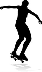 A skateboard woman or girl female skateboarder in silhouette.