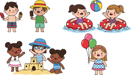 Children summer activities, cartoon kids playing, beach fun, swimming, popsicles, sandcastle building, balloons, water games, outdoor recreation, happy moments