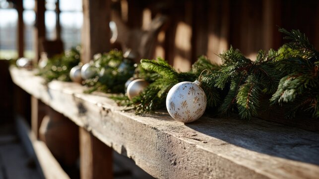 Rustic pine boughs and vintage baubles whisper enchanting yuletide tales, perfect for Yule celebrations or Scandinavian Jul