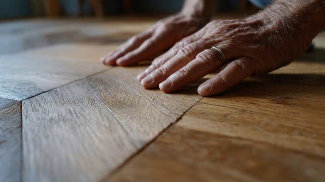 Craftsmans hands, European male, gently caress herringbone parquet, evoking Woodwork Day, tactile precision, and heritage carpentry