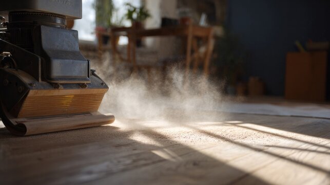 Dusty sunbeam tango swirls wildly beneath vintage floor sander, capturing Rejuvenation Day's transformative energy with rhythmic finesse