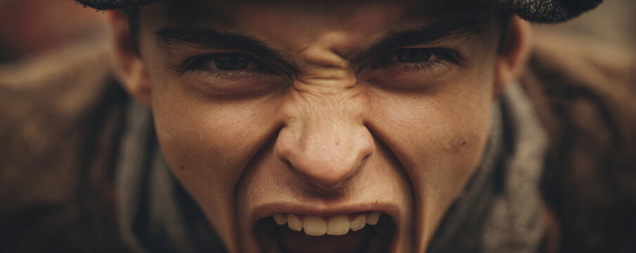 Young man screaming with intense rage and frustration, expressing strong negative emotion