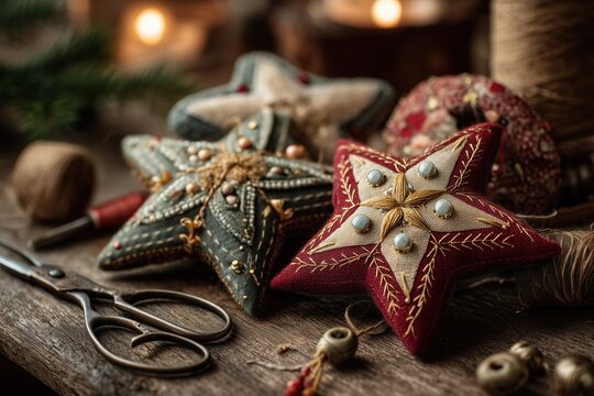 Handmade embroidered Christmas ornaments with beads and gold thread on rustic table with warm candlelight and cozy holiday mood