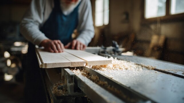 Elderly Caucasian male craftsman smoothing timber, resonating with warm woodwork nostalgia, interwoven with obscure Carver's Day traditions