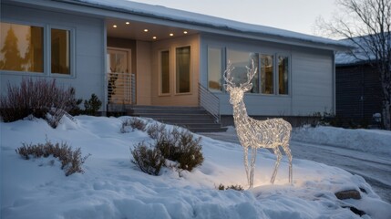 Glittering deer sculpture amidst snow-draped serenity, evoking Yule celebrations, hygge vibes, and whimsical winter luminescence in twilight