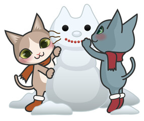 雪だるまを作っている2匹の猫のキャラクター