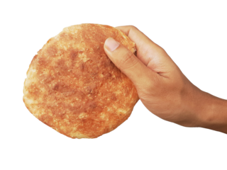Holding a loaf of bread, isolated on a PNG background.