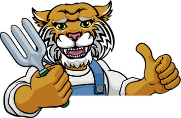 A wildcat gardener cartoon gardening animal mascot holding a garden fork tool peeking round a sign and giving a thumbs up