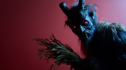 Eerie horned creature lurks with glowing eyes, reminiscent of Krampusnacht mischief or Yules shadowy folklore traditions