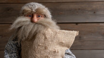 Elderly, mythical Nordic figure clutching burlap sack exudes vintage Yule charm, perfect for Krampusnacht and Thorri Fest imagery