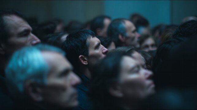 Diverse crowd transfixed under dim luminescence, evoking whispers of intrigue during obscure Festivus gatherings, multicultural unity momentously celebrated