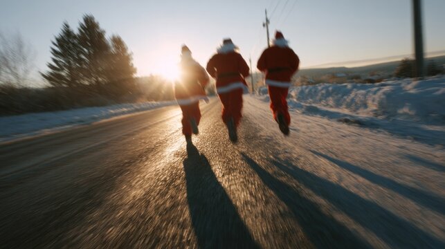 Sprinting Santas dash through frosty dawn, cinematic yuletide dash, Kris Kringle marathon, festive winter solstice celebration race