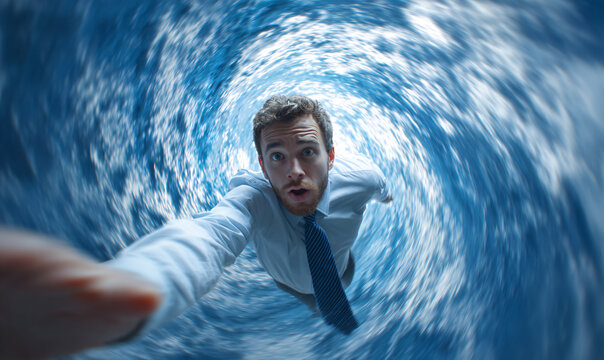 Businessman falling down a surreal blue vortex experiencing confusion and vertigo