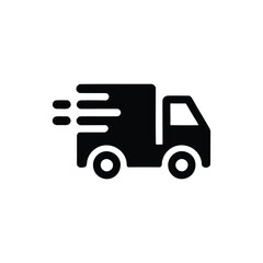 Fast shipping and delivery truck icon, symbolizing rapid global express courier service and e-commerce logistics, modern black vector pictogram isolated on white background.