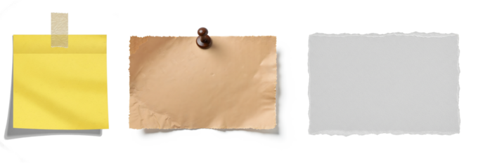 Three different paper notes on transparent background yellow sticky note with tape, brown vintage paper with pin, and white textured paper
