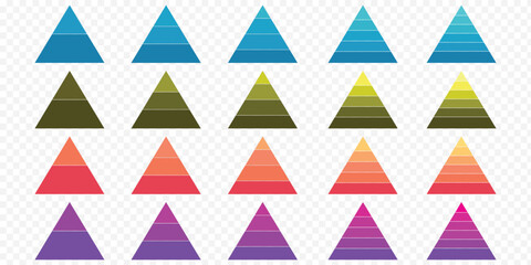 Pyramid infographic set. Colorful vector triangle diagram, triangular pyramid infographics, designed for business presentations, charts, educational materials. pyramid diagrams with ascending levels.E