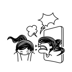 hand drawn doodle icon about social media bullying cyberbully from mobile phone on girl