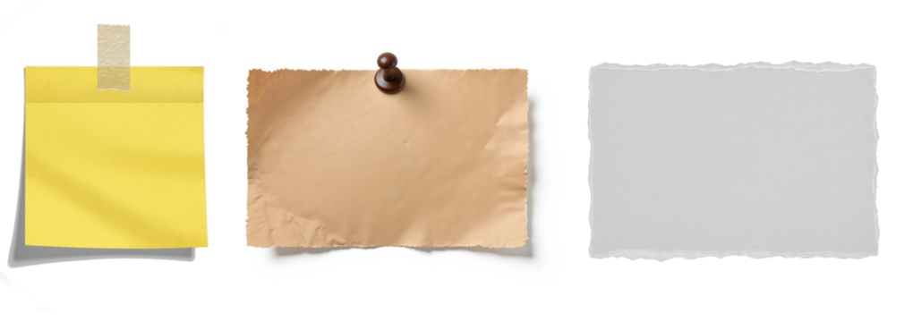 Three different paper notes on transparent background yellow sticky note with tape, brown vintage paper with pin, and white textured paper