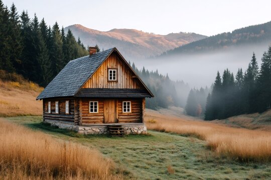 Wooden log cabin in mountain landscape with morning fog