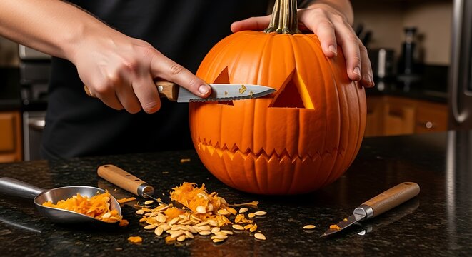 Carving a jack-o'-lantern: hands using a knife to cut a triangular eye shape into an orange pumpkin.