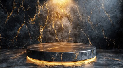 Black marble podium with golden veins, elegant spotlight, photorealistic tone