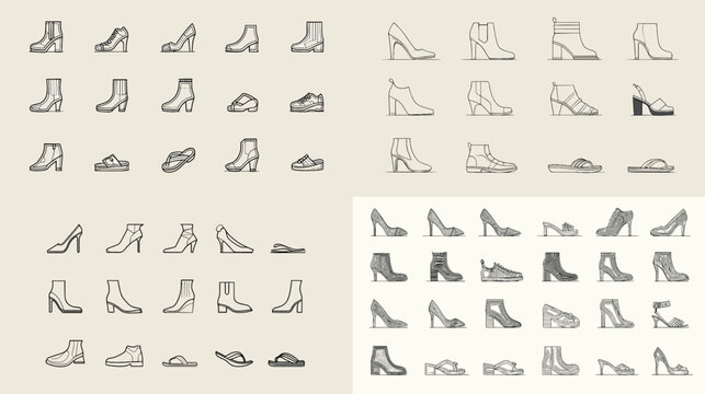 Set of footwear and shoe line icons including boots, sandals, and heels. Perfect for fashion, apparel, boutique branding, retail design, and modern clothing accessory illustration.