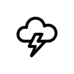A bold outline icon depicting a stormy cloud emitting a lightning bolt, symbolizing severe weather, forecast predictions, thunder, electricity, energy, danger, and power failure.