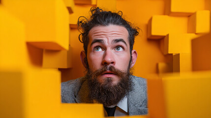 Man trapped in yellow abstract cube structure looking up with an expression of confusion
