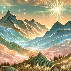 Landscape with golden mountain outlines  in the sunrays in the foreground. Beautiful spring abstract illustration on a pastel iridescent rainbow background.