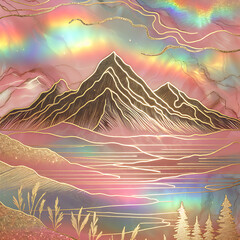 Landscape with golden mountain outlines and flowers in the sun's rays in the foreground. Beautiful spring abstract illustration on a dark iridescent rainbow background.