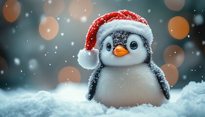 Penguin plush toy with Santa hat on snowcovered table, cinematic festive light