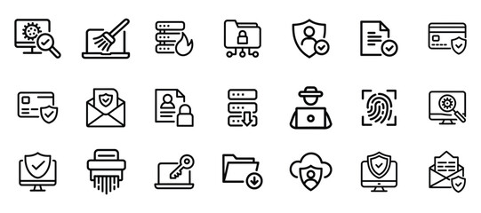 Cybersecurity line icons set: digital data protection, network security, personal privacy, encryption, antivirus, firewall, secure access, hacking prevention, and internet safety vectors collection.