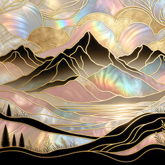 Landscape with golden mountain outlines and flowers in the sun's rays in the foreground. Beautiful spring abstract illustration on a dark iridescent rainbow background.