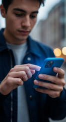 Fototapeta premium Close-up of a young man's hands using a smartphone outdoors. Vertical shot of a person touching a mobile screen with a blue light. Digital technology and connectivity concept