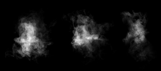 White smoke or mist cloud isolated on black background, realistic fog texture effect for photo editing, design overlay, or Halloween theme. Ideal for vapor, steam, or ghostly atmosphere visuals.
