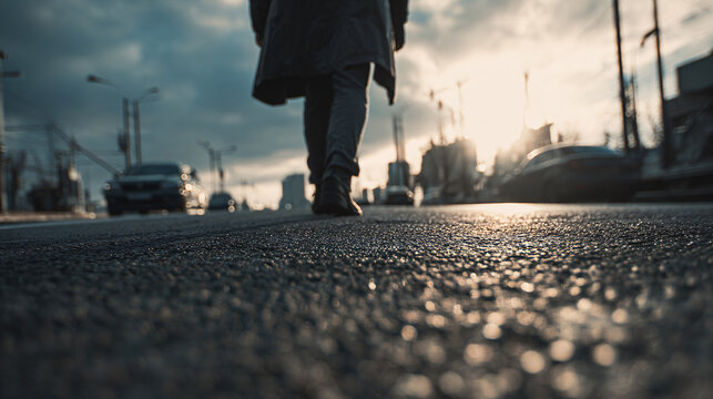 Person walking urban road at sunset, casting a long shadow, journey concept