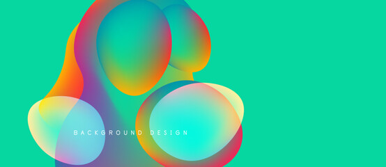 Abstract colorful shapes overlap turquoise background. Gradient hues create modern visual effect. Design feels fluid, dynamic.