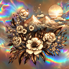 Landscape with golden mountain outlines and flowers in the sun's rays in the foreground. Beautiful spring abstract illustration on a dark iridescent rainbow background.