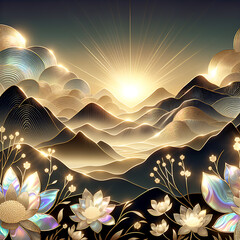 Landscape with golden mountain outlines and flowers in the sun's rays in the foreground. Beautiful spring abstract illustration on a dark iridescent rainbow background.