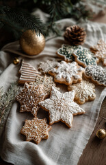 Beautifully decorated cookies arranged on linen cloth with golden accents during the festive season