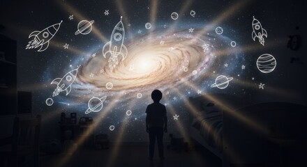Child looking at a galaxy projection with geometric shapes of rockets and planets floating in space