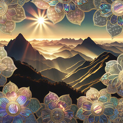 Landscape with golden mountain outlines and flowers in the sun's rays in the foreground. Beautiful spring abstract illustration on a dark iridescent rainbow background.