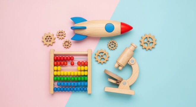 A flat lay of wooden childrens toys including a rocket, abacus, microscope, and gears on a pastel pink and blue background